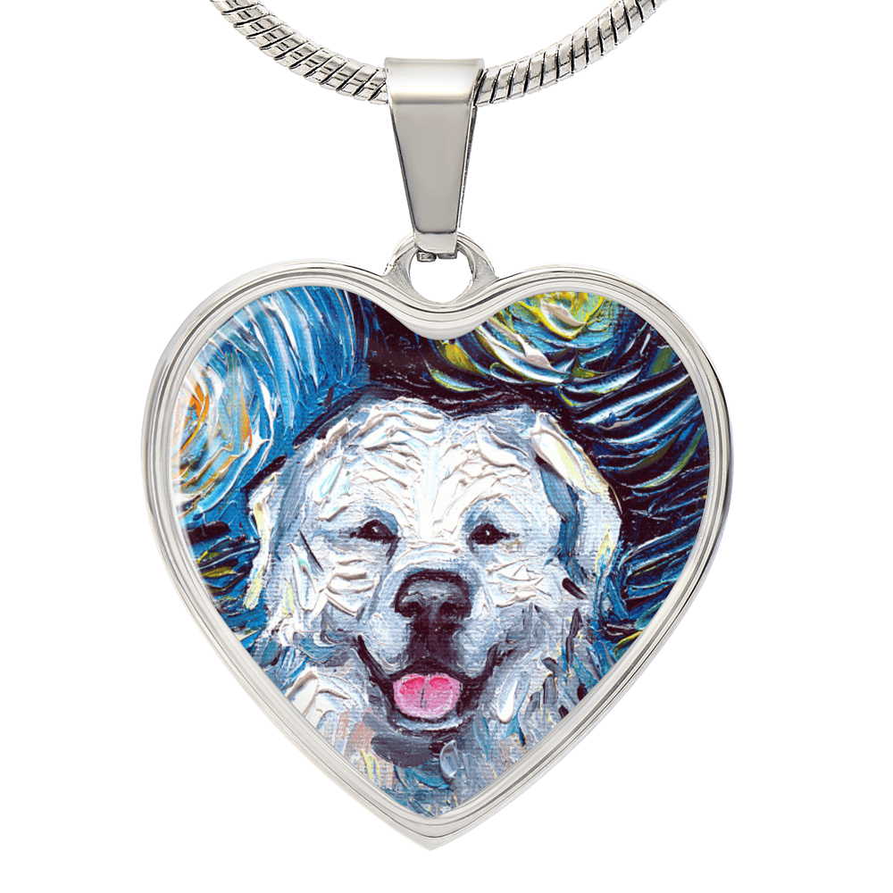 Great Pyrenees Portrait Starry Night Heart Necklace