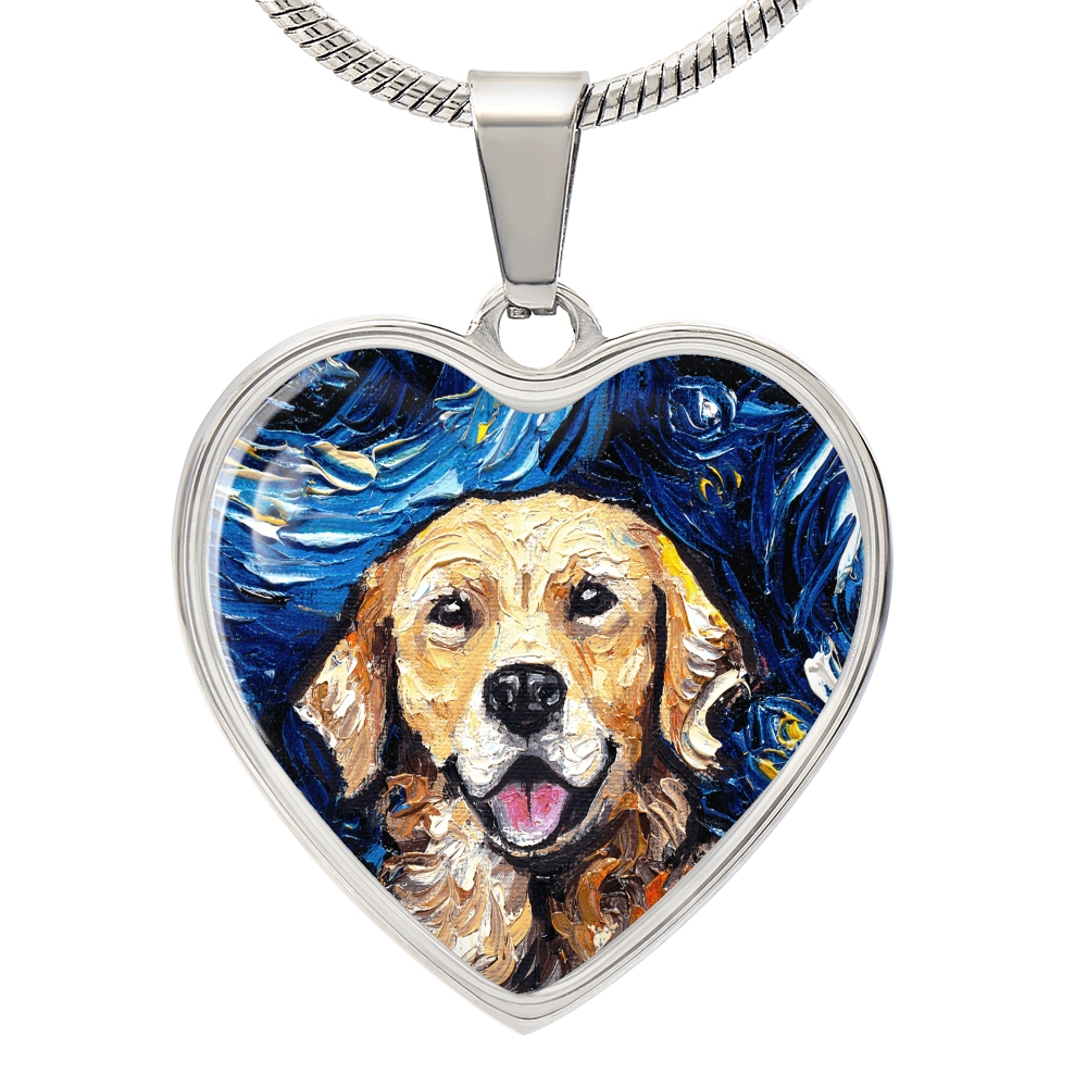 Golden Retriever Portrait Starry Night Heart Necklace