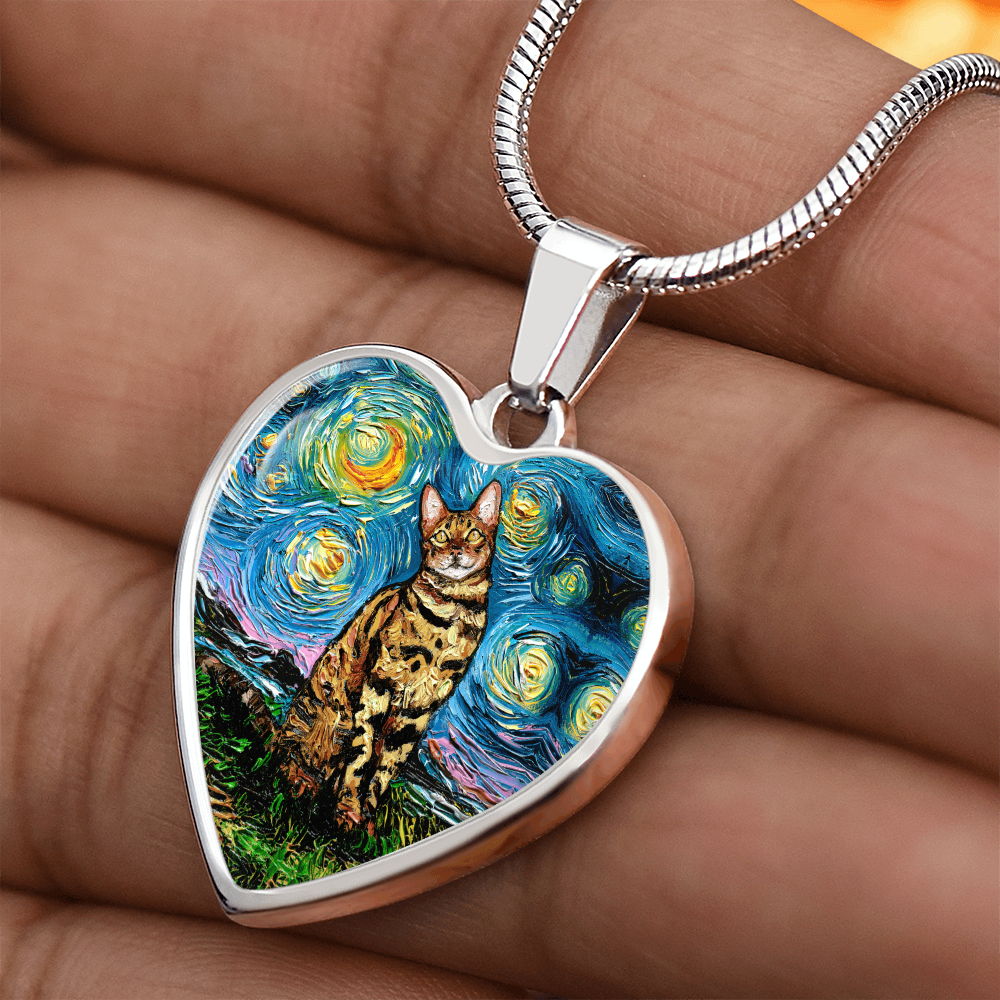 Bengal Cat Starry Night Heart Necklace