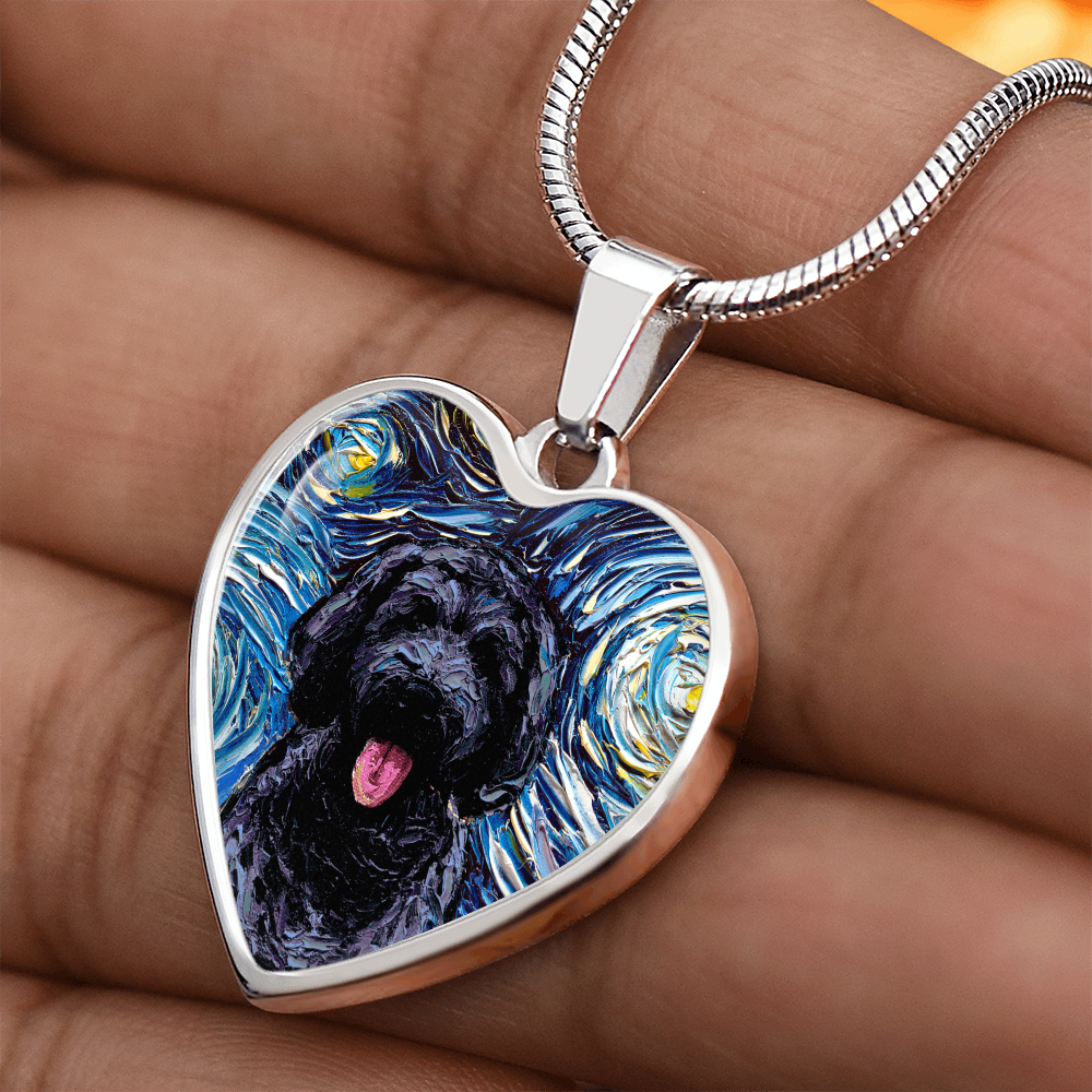 Black Goldendoodle Portrait Starry Night Heart Necklace