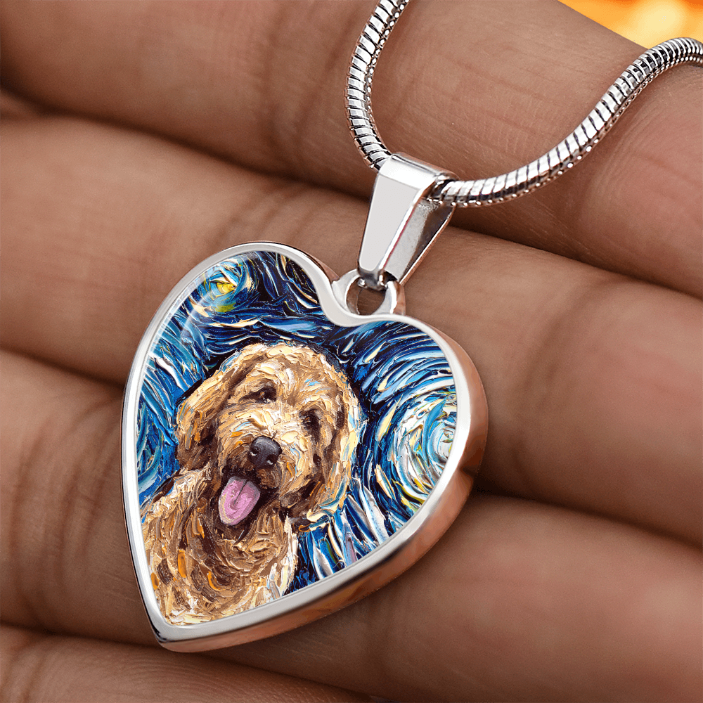 Goldendoodle Portrait Starry Night Heart Necklace