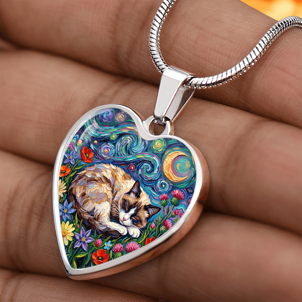 Sleepy Snowshoe Cat Night Heart Necklace