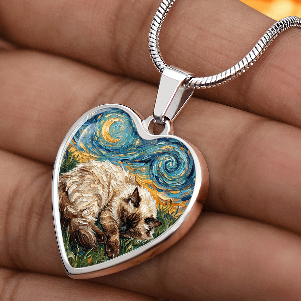 Sleepy Birman Night Heart Necklace
