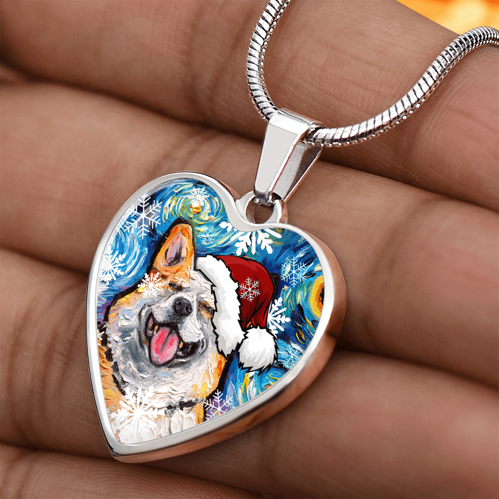 Smiling Corgi Christmas Heart Necklace