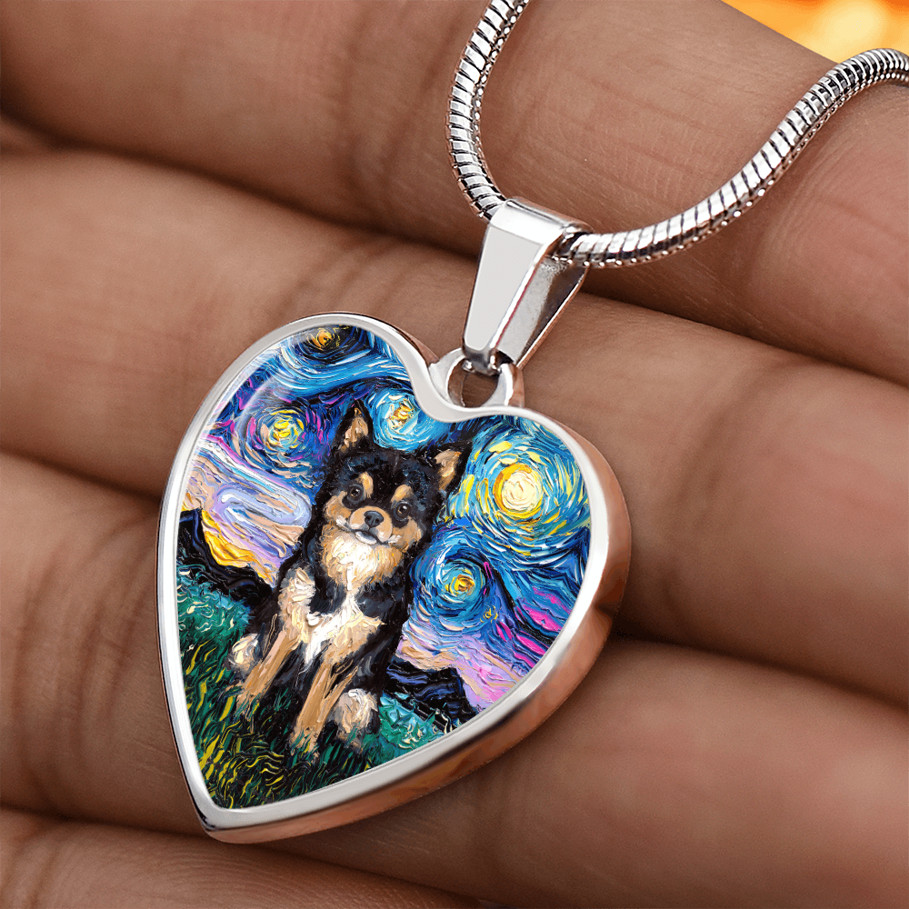 Long Hair Black and Tan Chihuahua Starry Night Heart Necklace