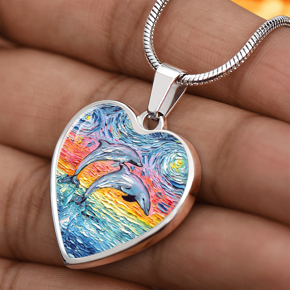 Dolphins Jumping Pastel Starry Night Heart Necklace