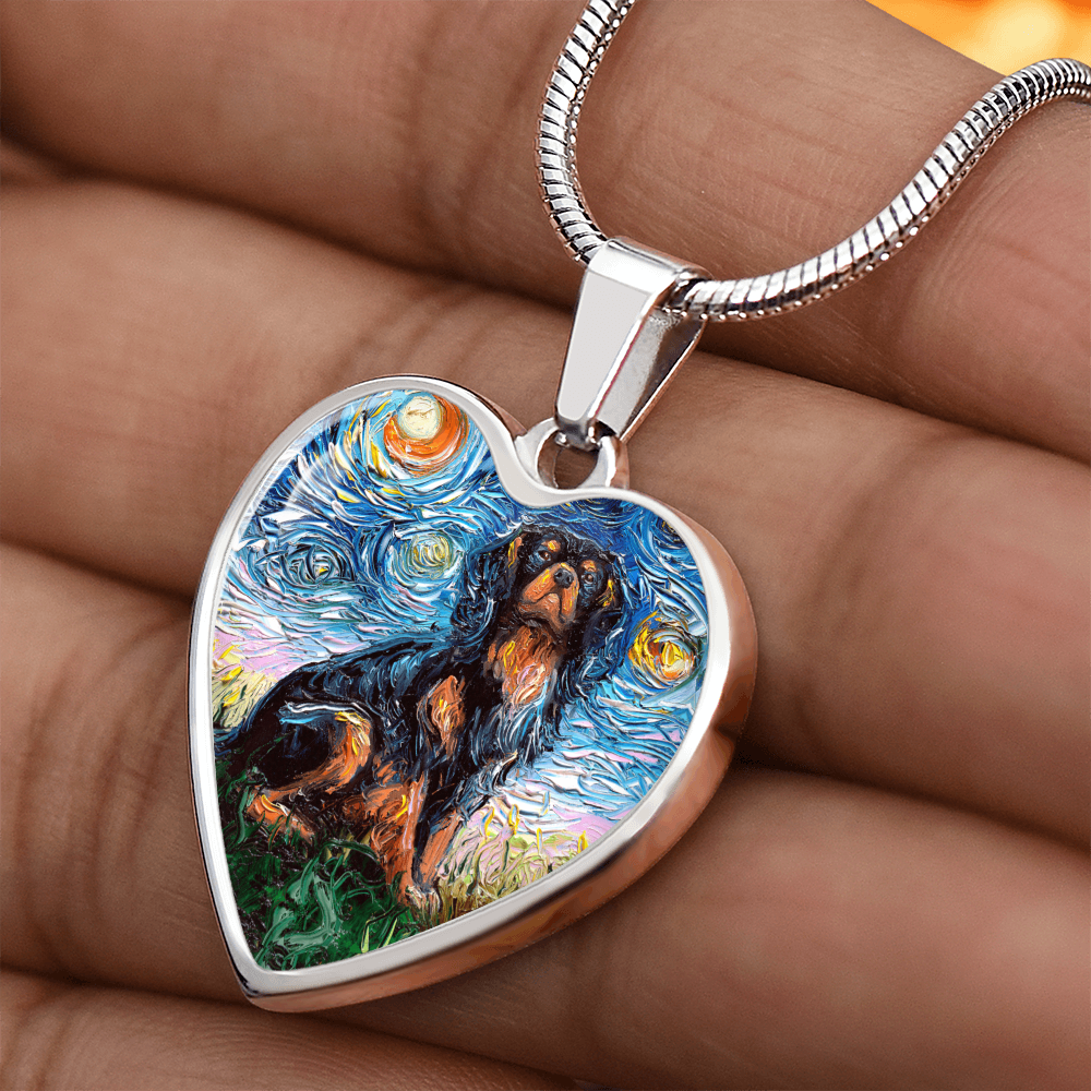 Black and Tan Cavalier King Charles Spaniel Starry Night Heart Necklace