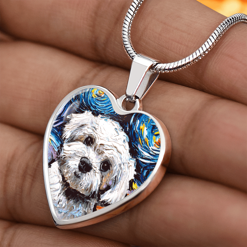Maltipoo Portrait Starry Night Heart Necklace