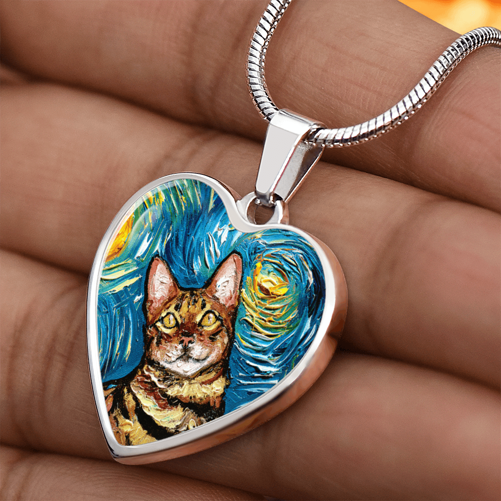 Bengal Cat Starry Night Heart Necklace