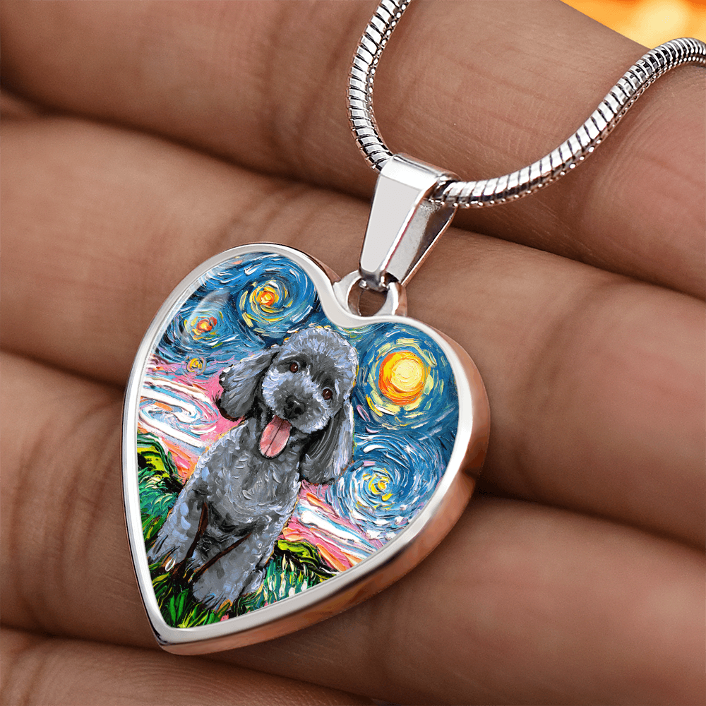 Silver Poodle Starry Night Heart Necklace