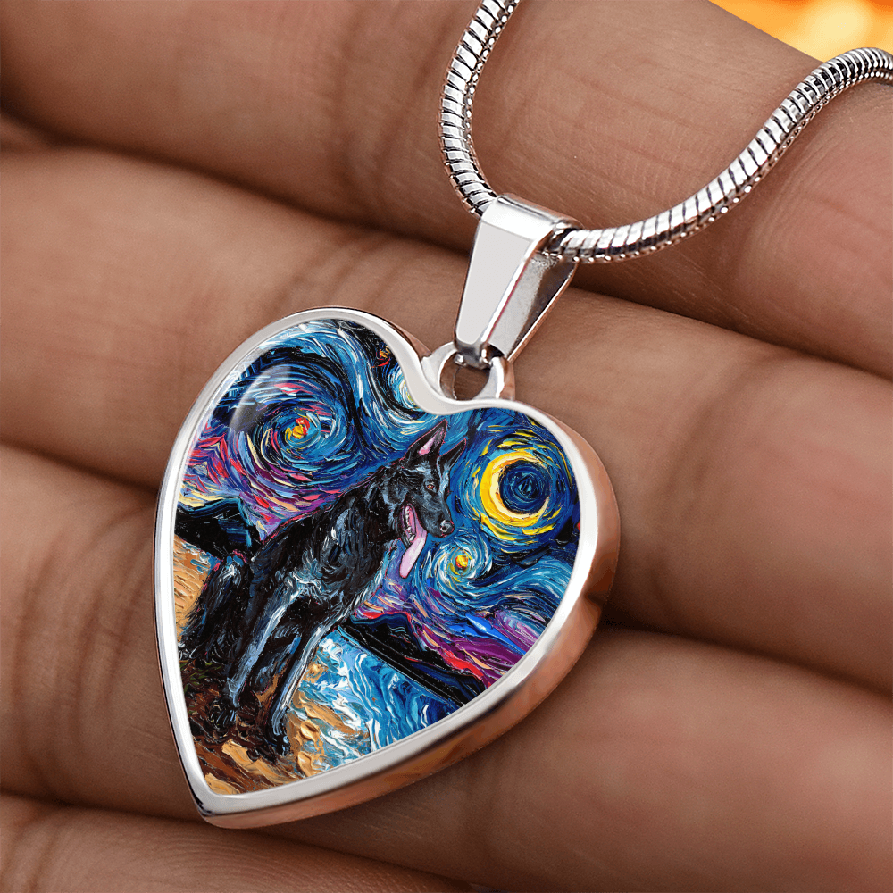 Black German Shepherd Starry Night Heart Necklace