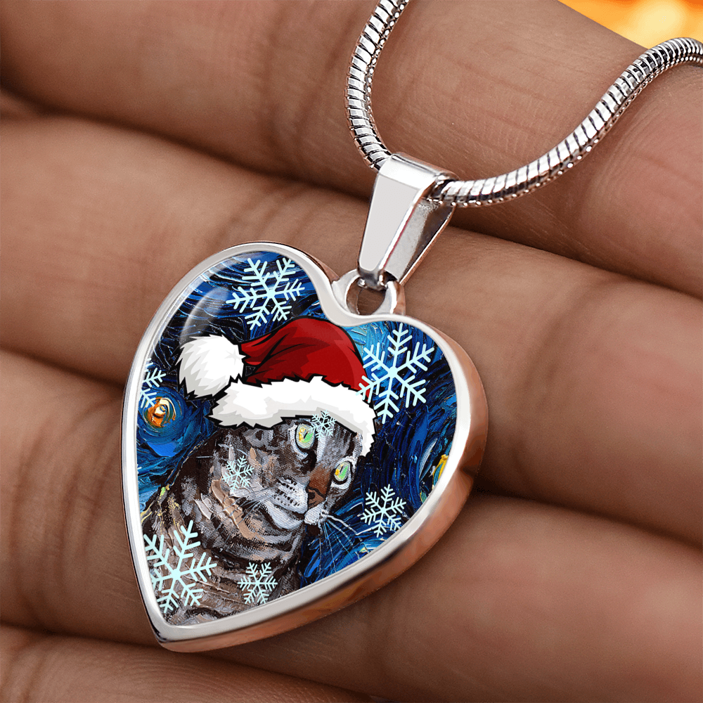 Tabby Cat in Santa Hat Starry Night Heart Necklace