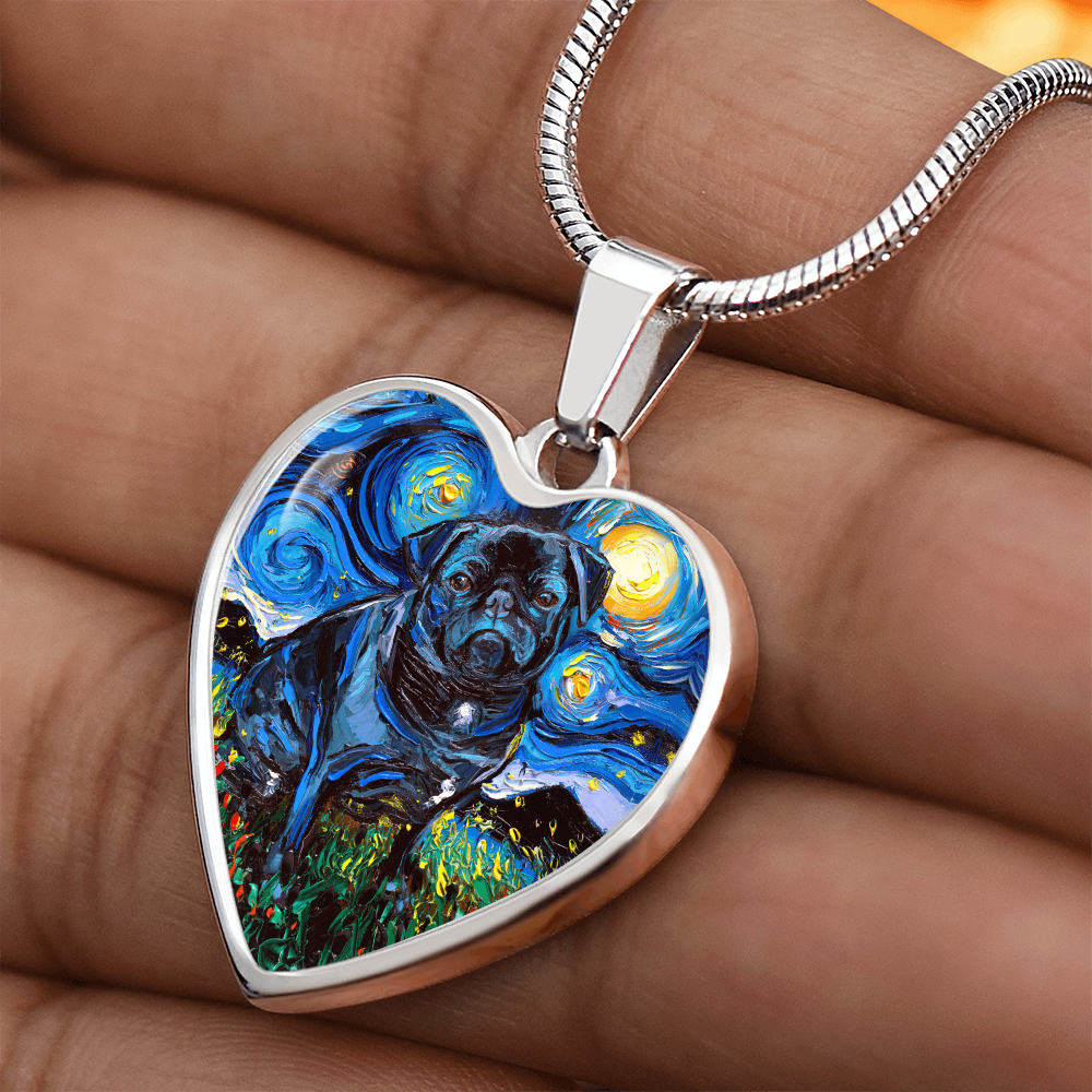 Black Pug Starry Night Heart Pendant