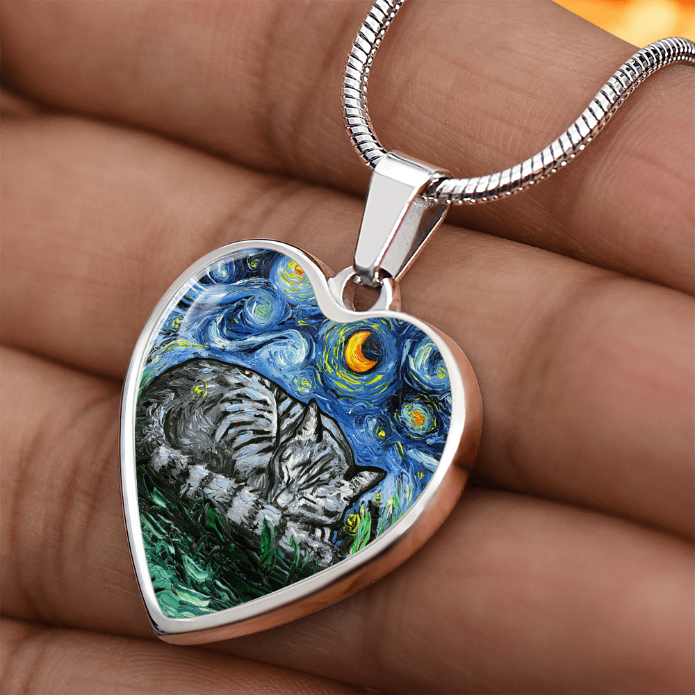 Sleeping Gray Tabby Cat Starry Night Heart Necklace