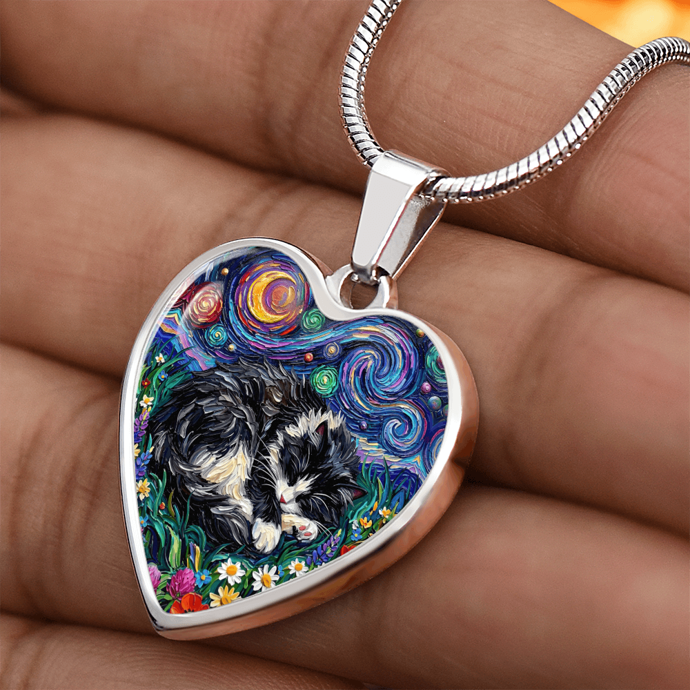 Sleepy Long Hair Tuxedo Heart Necklace
