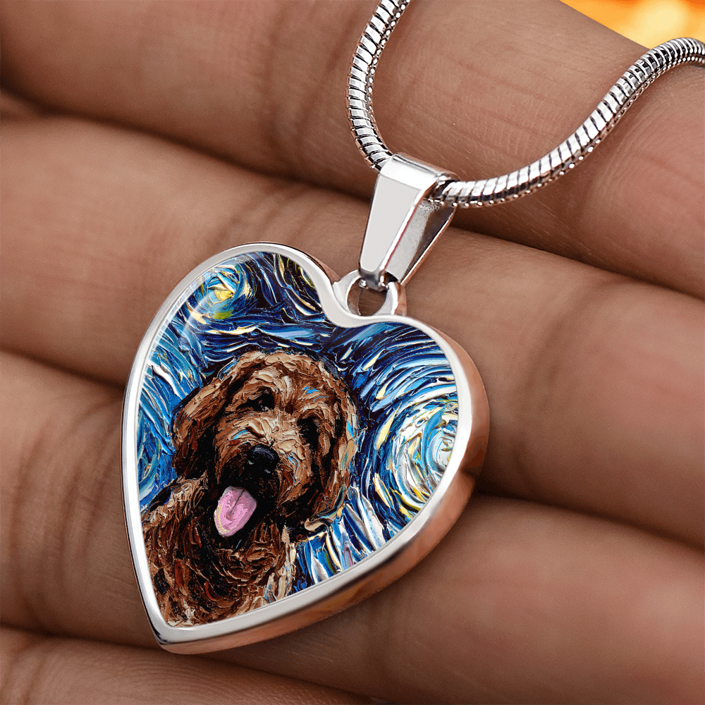 Brown Goldendoodle Portrait Starry Night Heart Necklace