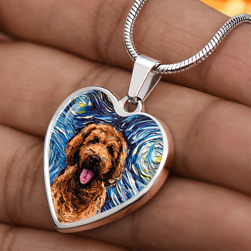 Apricot Goldendoodle Portrait Starry Night Heart Necklace