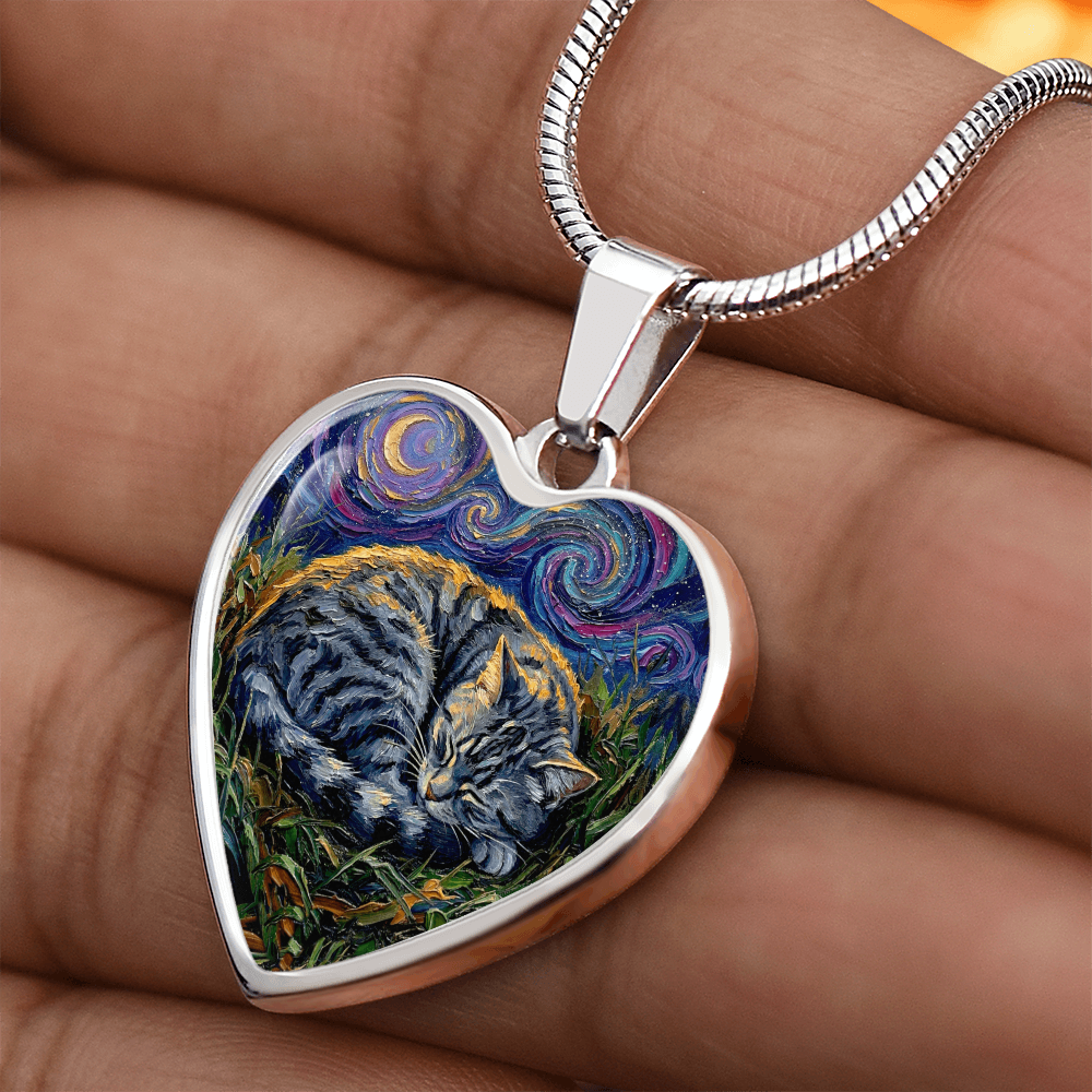 Sleepy American Shorthair Tabby Heart Necklace