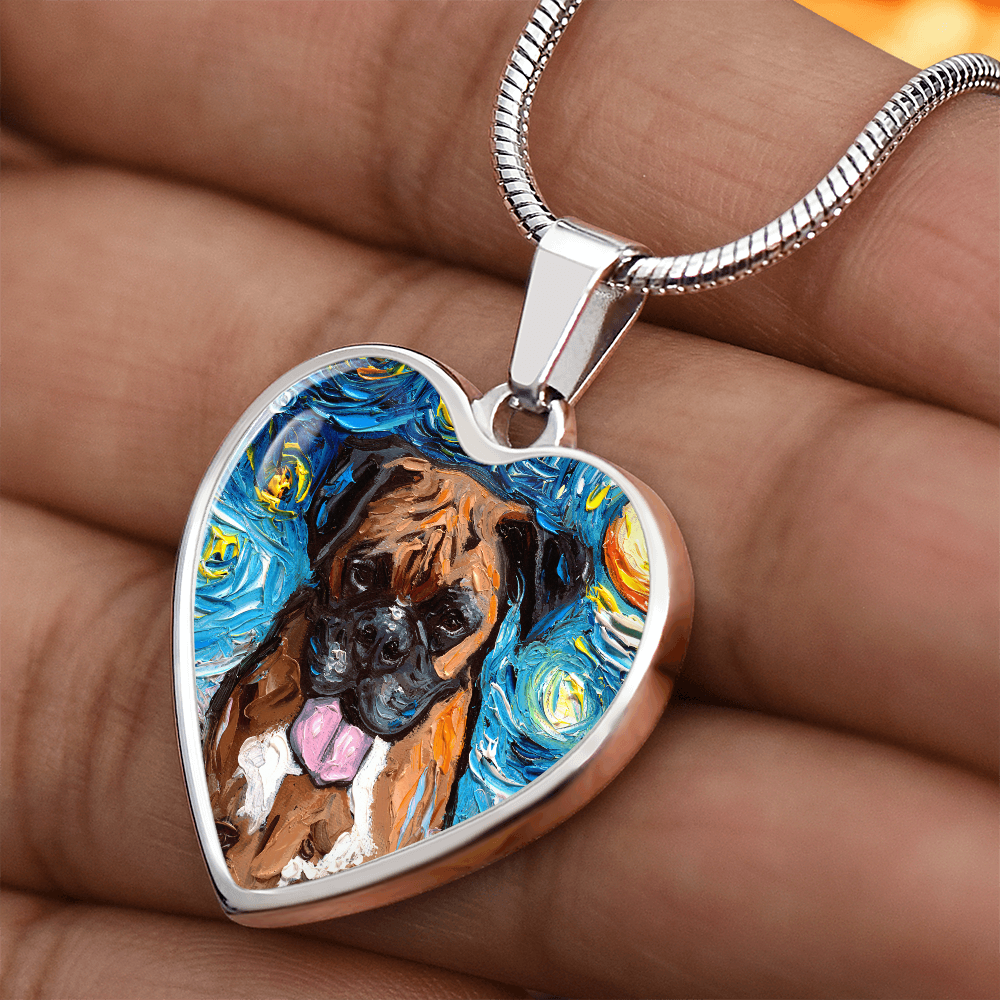Boxer Portrait Starry Night Heart Necklace