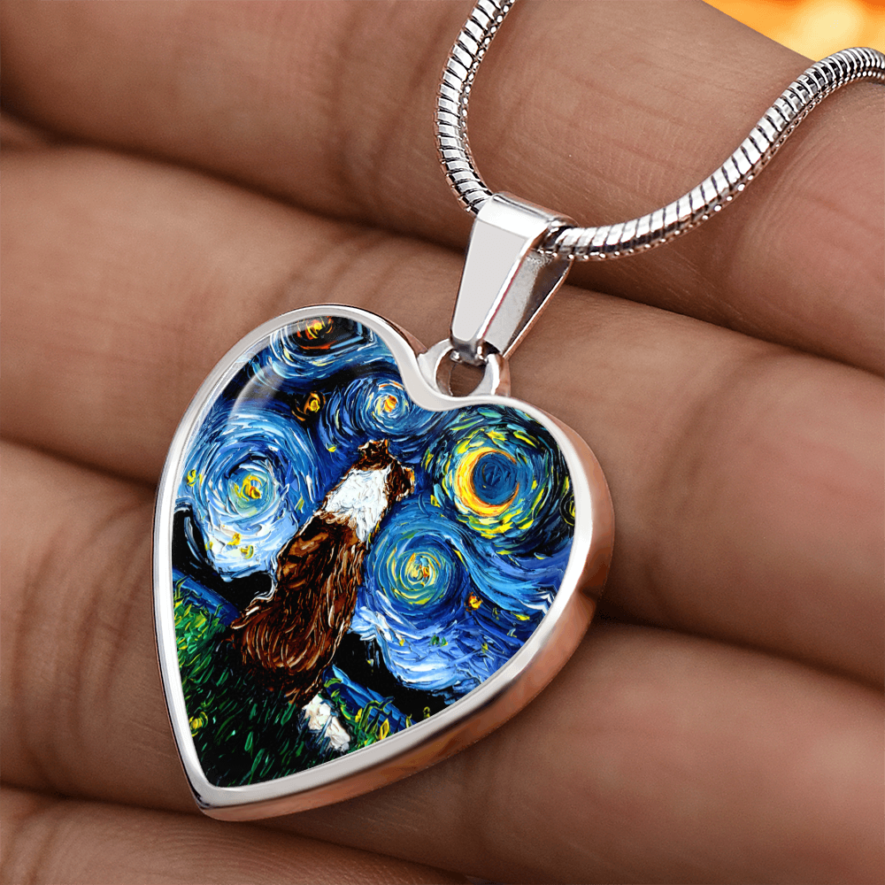 Red Border Collie Starry Night Heart Necklace
