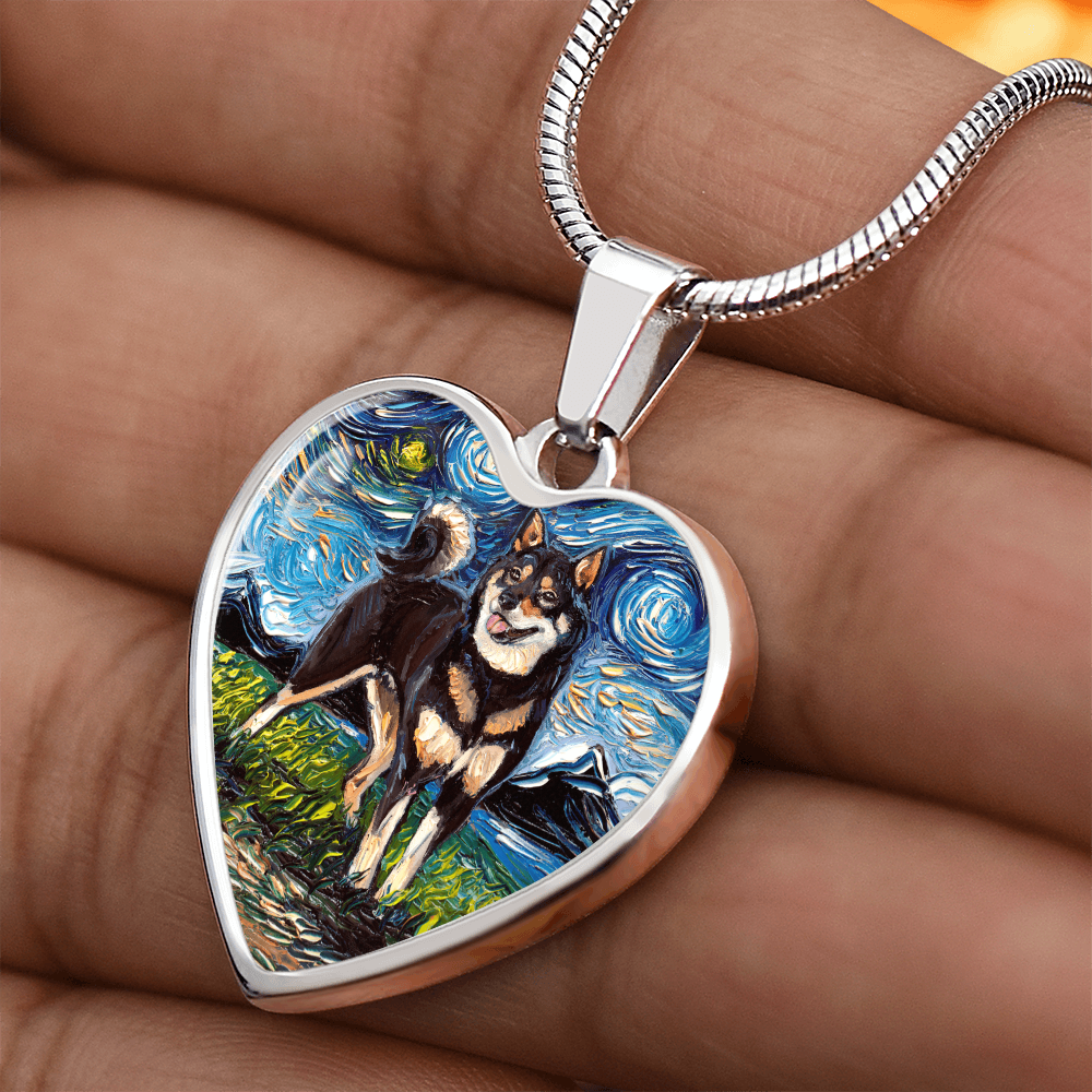 Black and Tan Shiba Inu Starry Night Heart Necklace