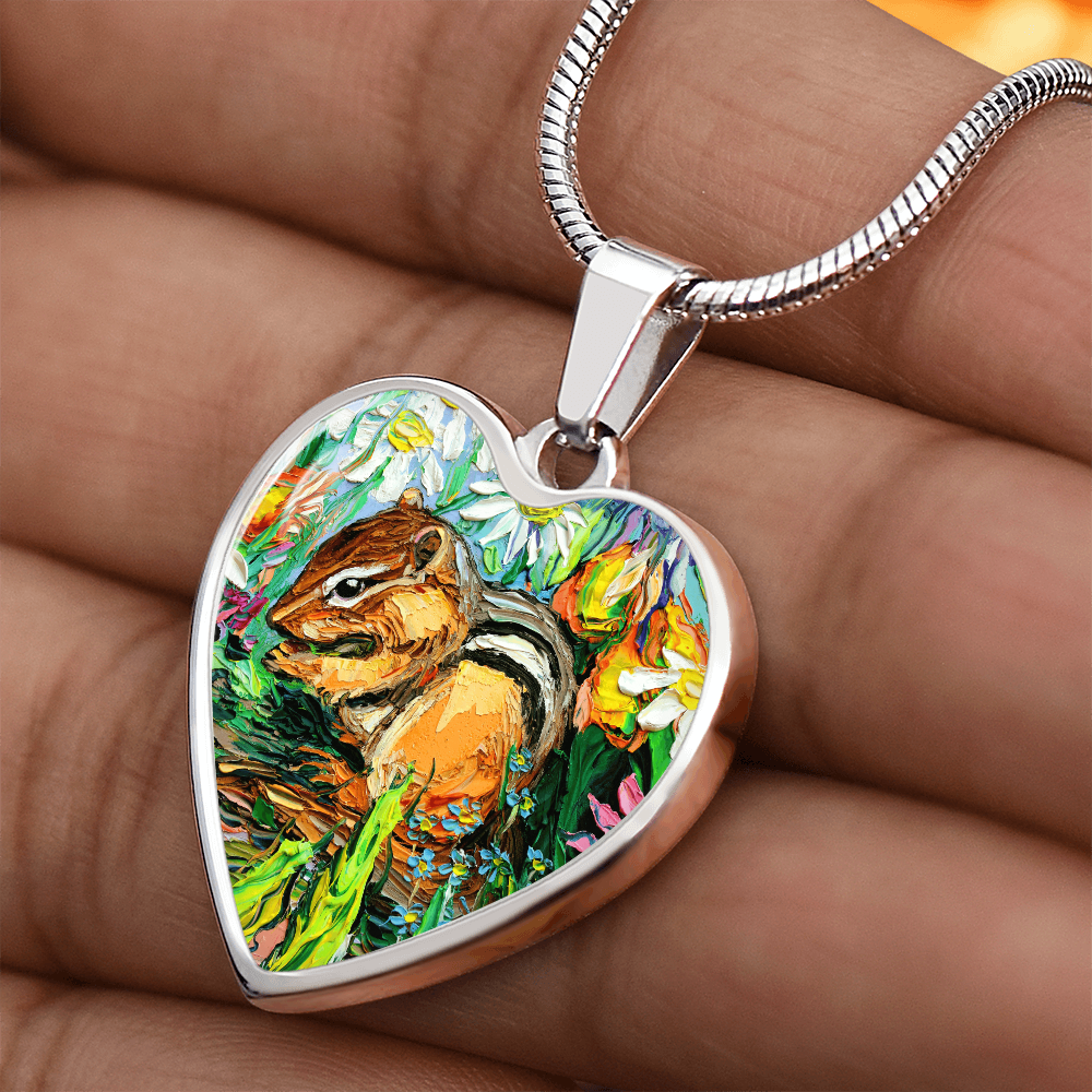 Chipmunk in Spring Garden Heart Necklace
