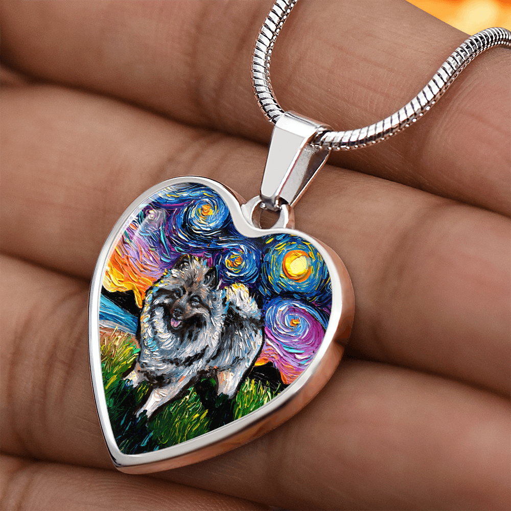 Keeshond Starry Night Heart Necklace