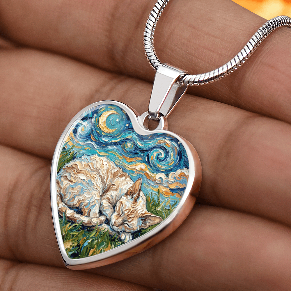Sleepy Cornish Rex Night Heart Necklace