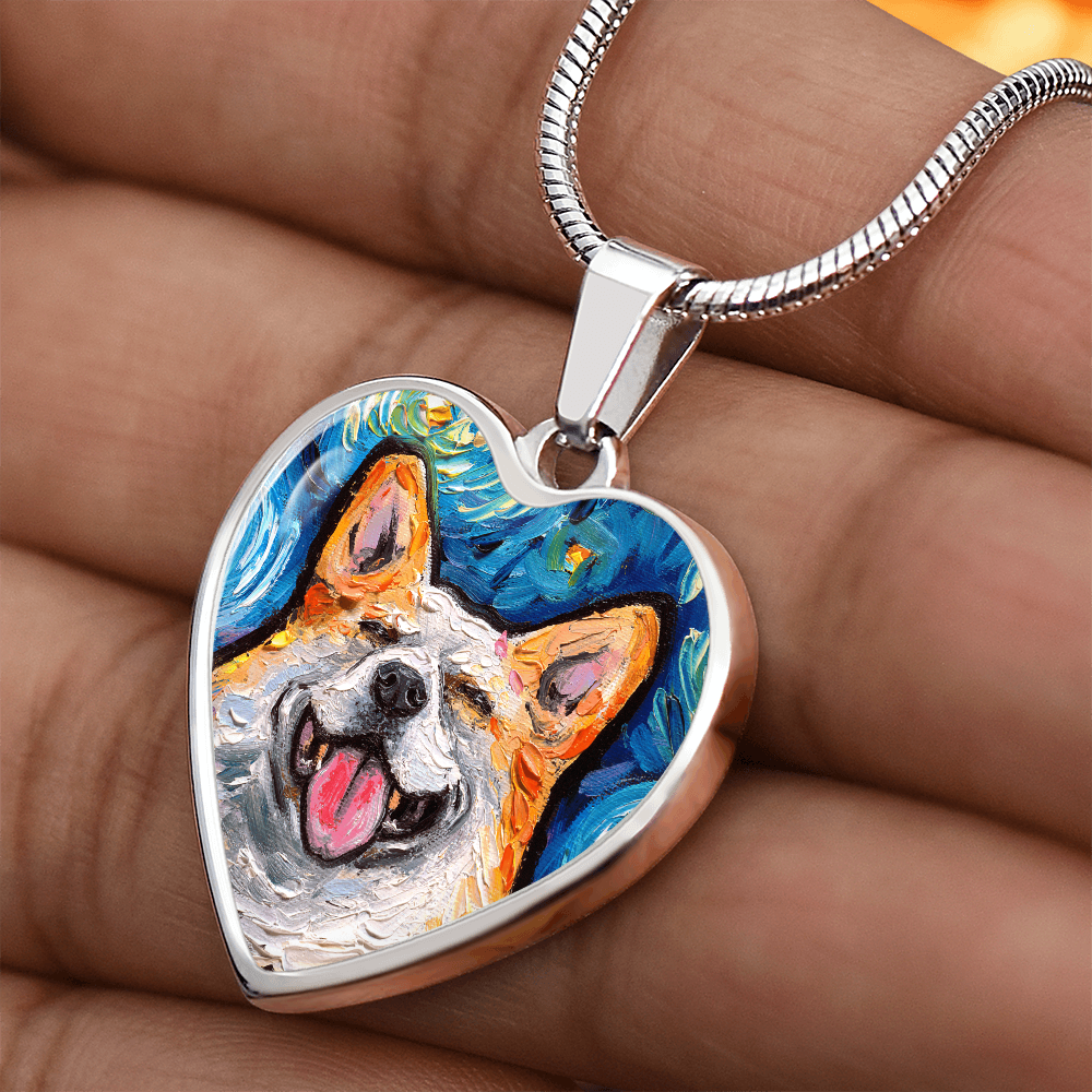 Smiling Corgi Portrait Starry Night Heart Necklace