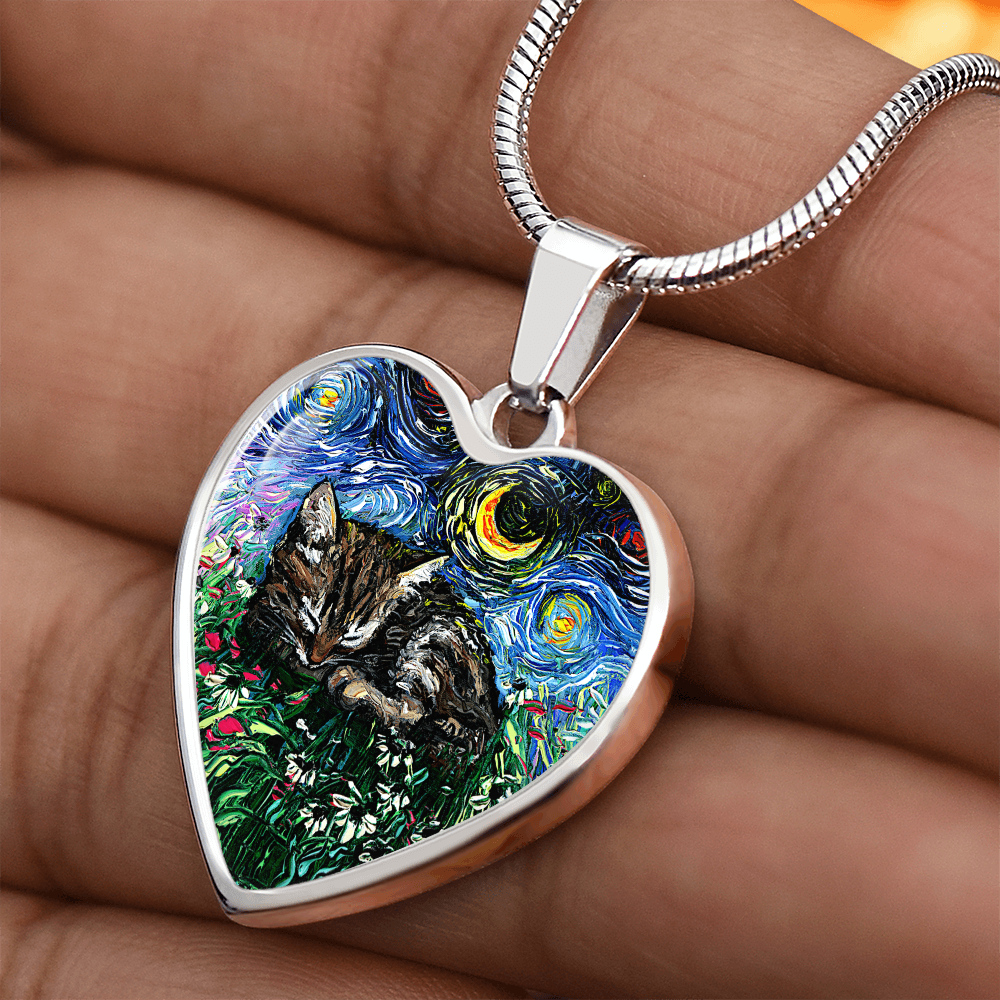 Tabby Kitten Starry Night Heart Necklace