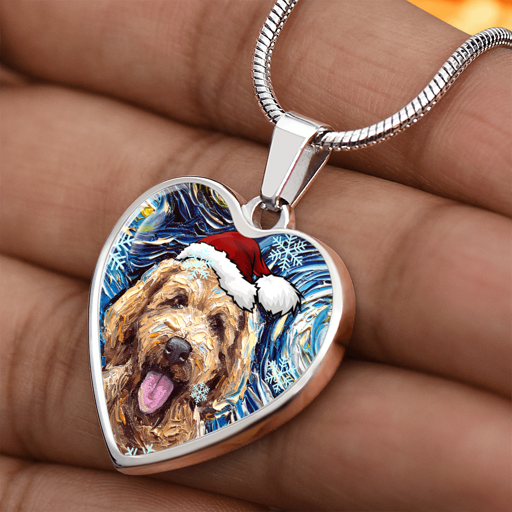 Goldendoodle in Santa Hat Starry Night Heart Necklace