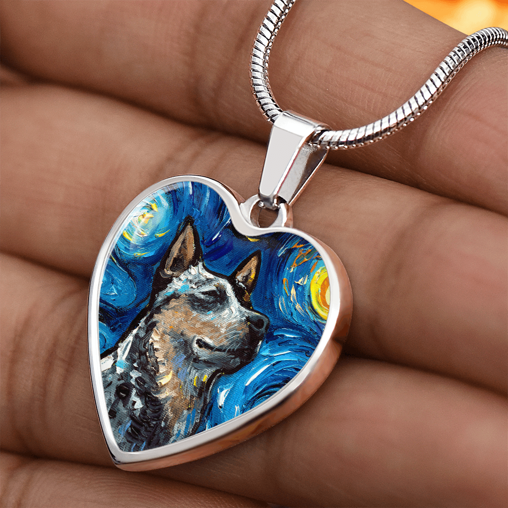 Blue Heeler Portrait Starry Night Heart Necklace