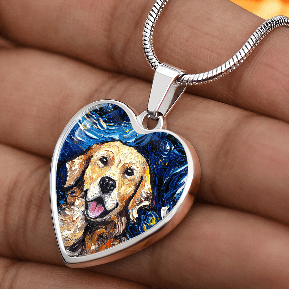 Golden Retriever Portrait Starry Night Heart Necklace