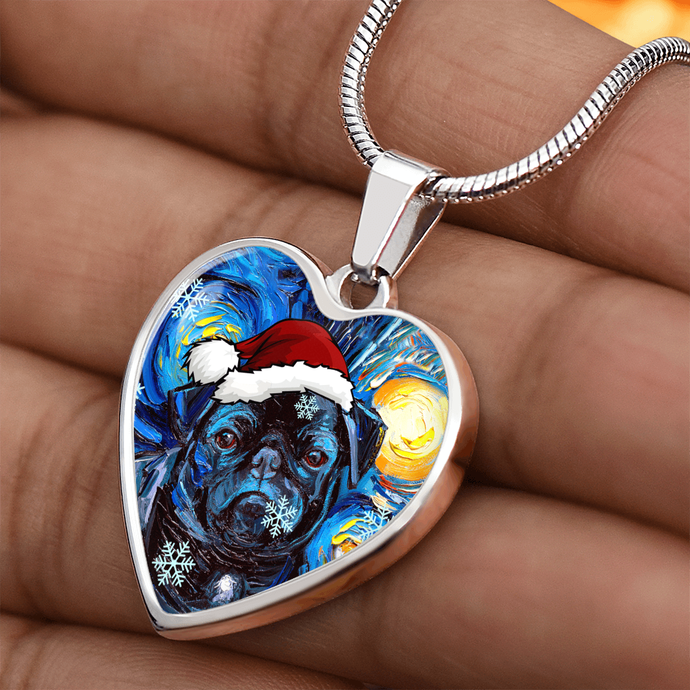Santa Black Pug Heart Necklace