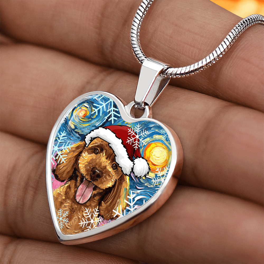Apricot Poodle Puppy in Santa Hat Starry Night Heart Necklace