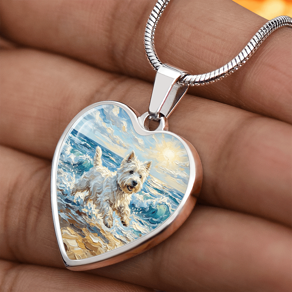Frolicking Westie at the Beach Heart Necklace