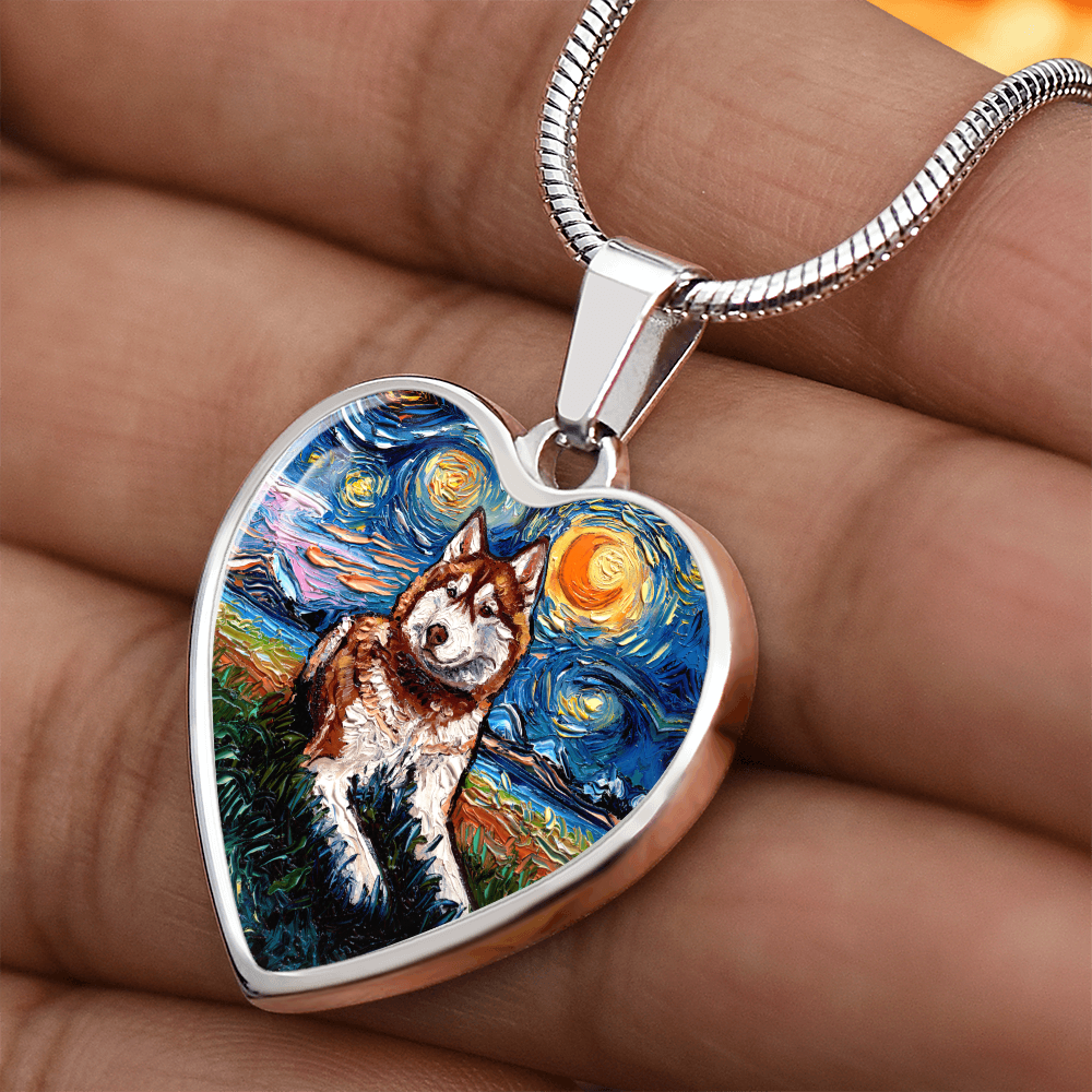 Red and White Husky Starry Night Heart Necklace