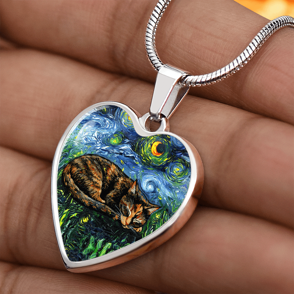 Sleepy Tortie Starry Night Heart Necklace