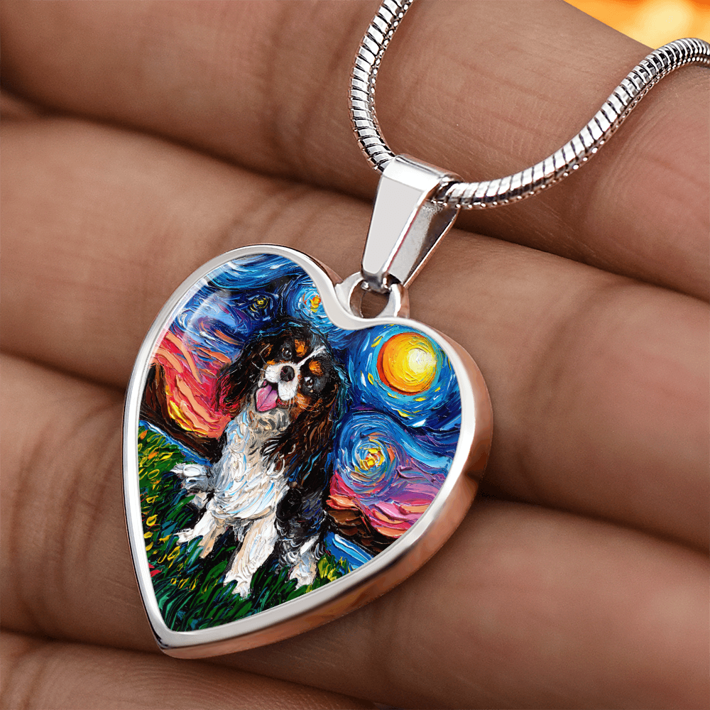 Tri Color Cavalier King Charles Spaniel Starry Night Heart Necklace