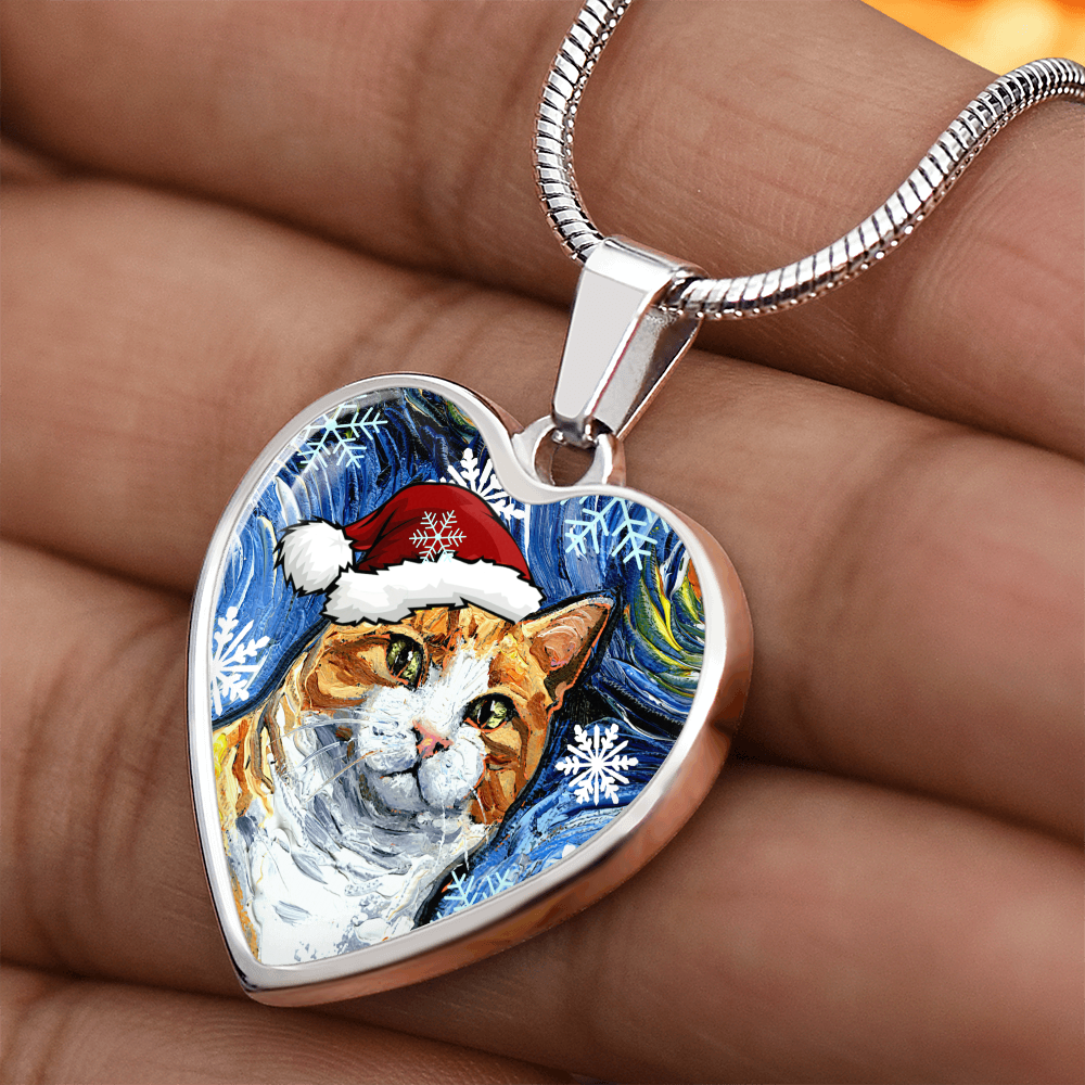 Orange Tuxedo Tabby Christmas Heart Necklace