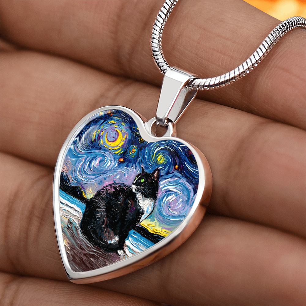 Tuxedo Cat with Green Eyes and White up nose Starry Night Heart Necklace