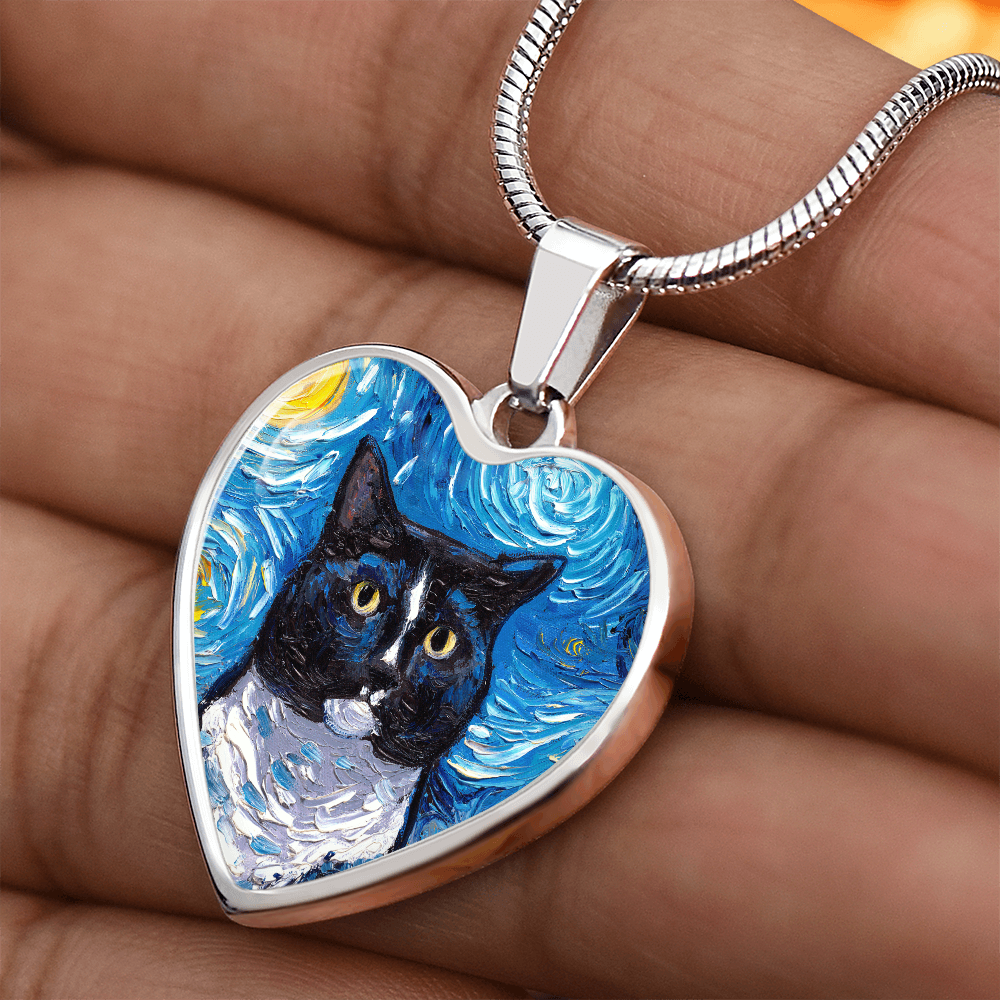 Tuxedo Cat Portrait Starry Night Heart Necklace