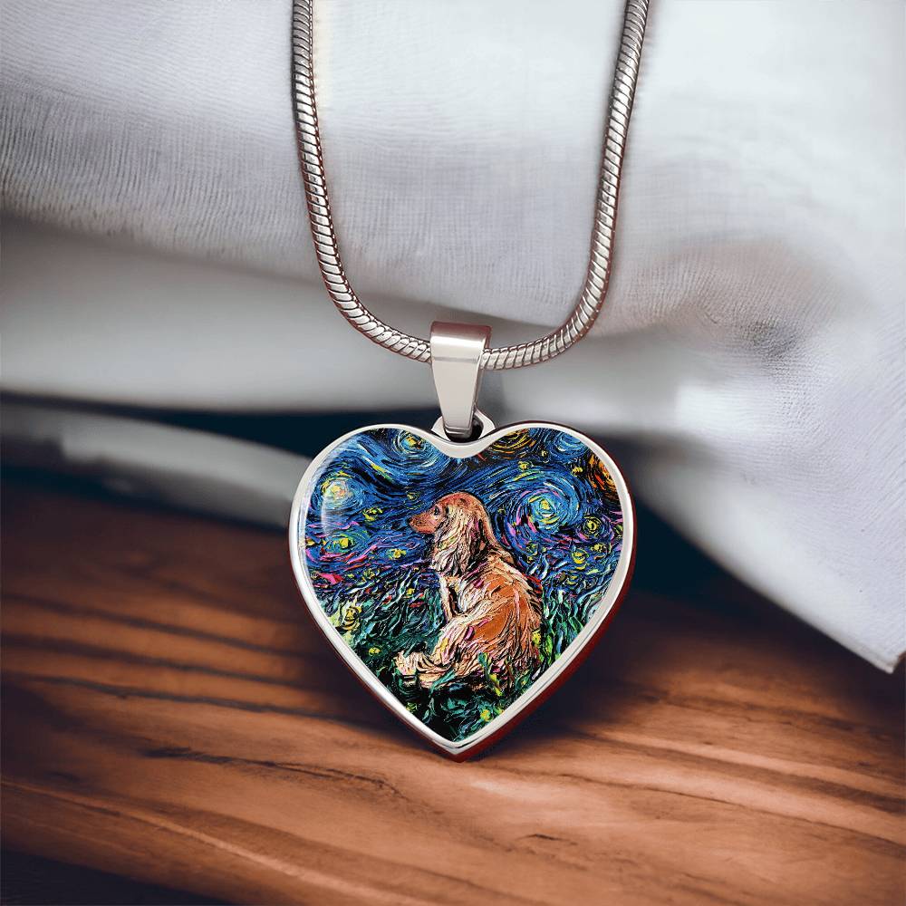Brown Long Hair Dachshund Starry Night Heart Necklace