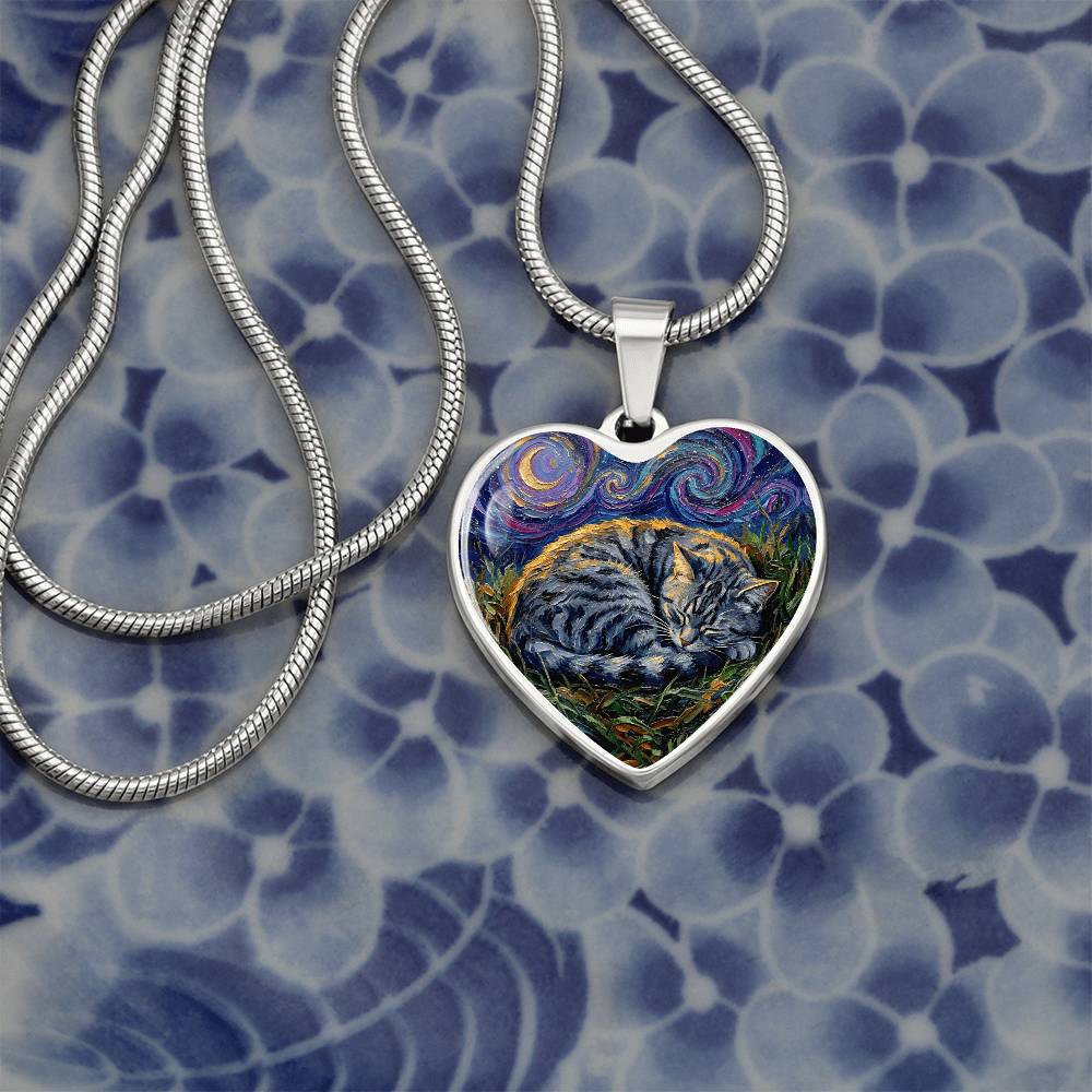 Sleepy American Shorthair Tabby Heart Necklace