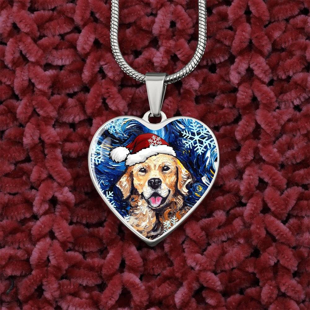 Golden Retriever in Santa Hat Starry Night Heart Necklace