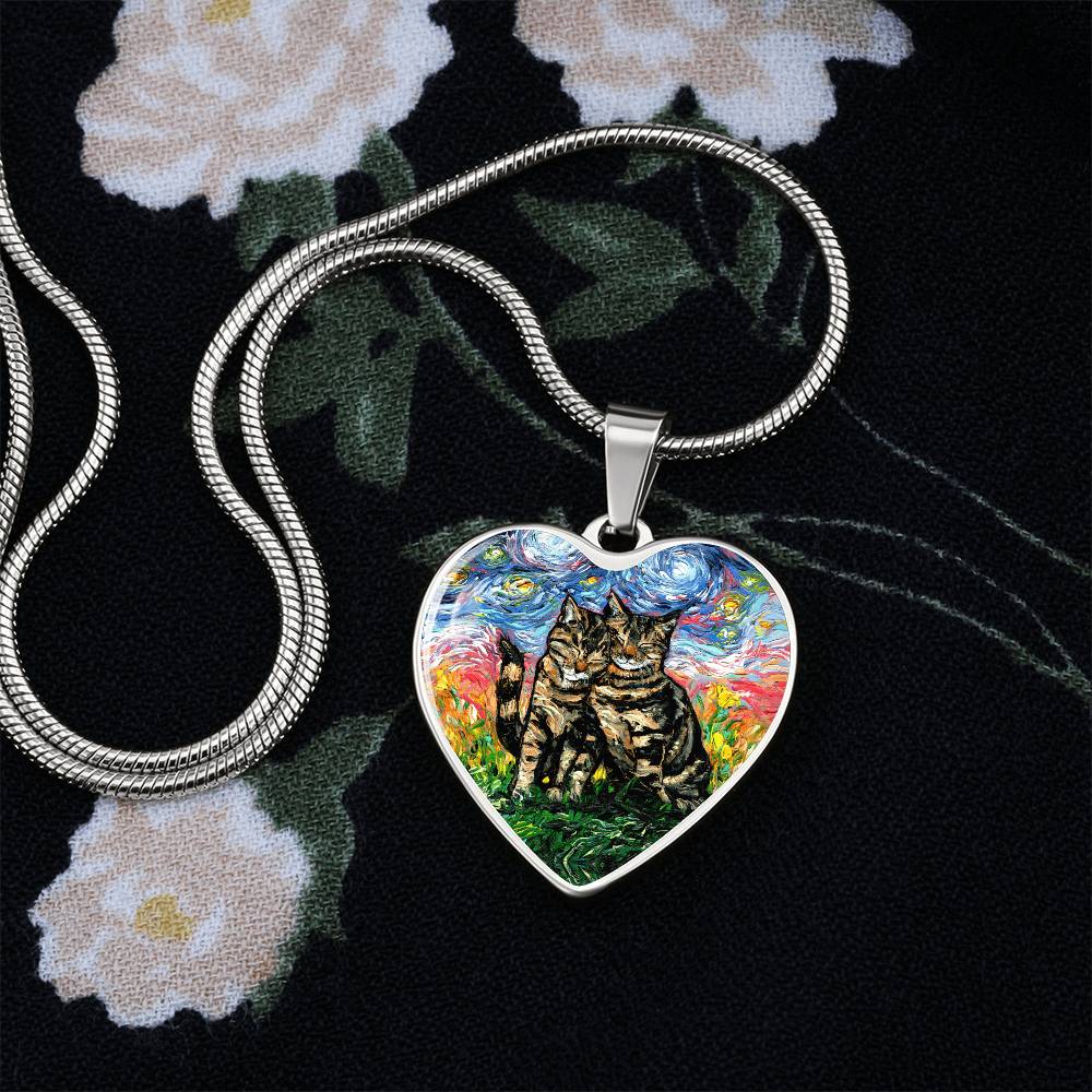Two Tabby Cats Starry Night Heart Necklace