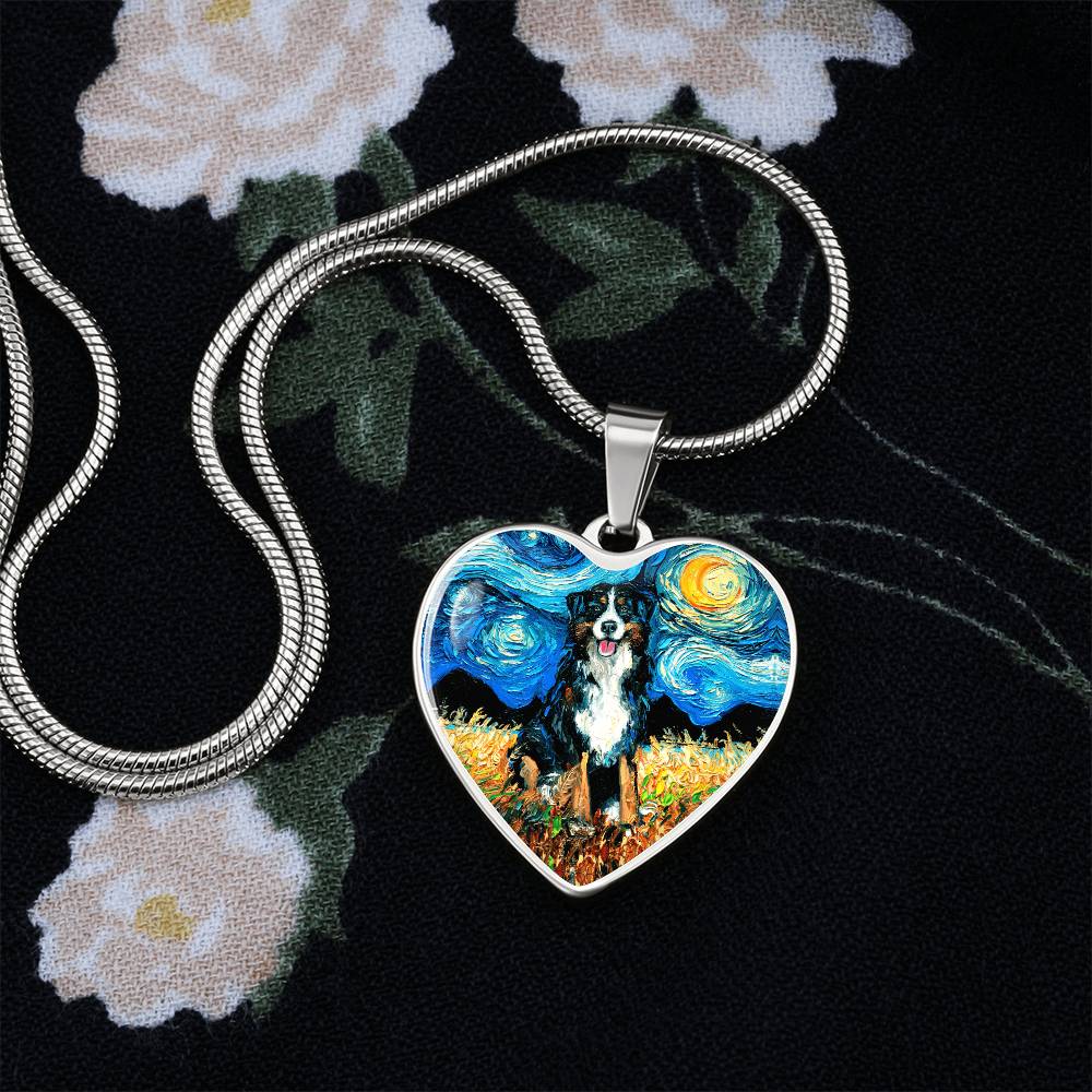 Bernese Mountain Dog Starry Night Heart Necklace
