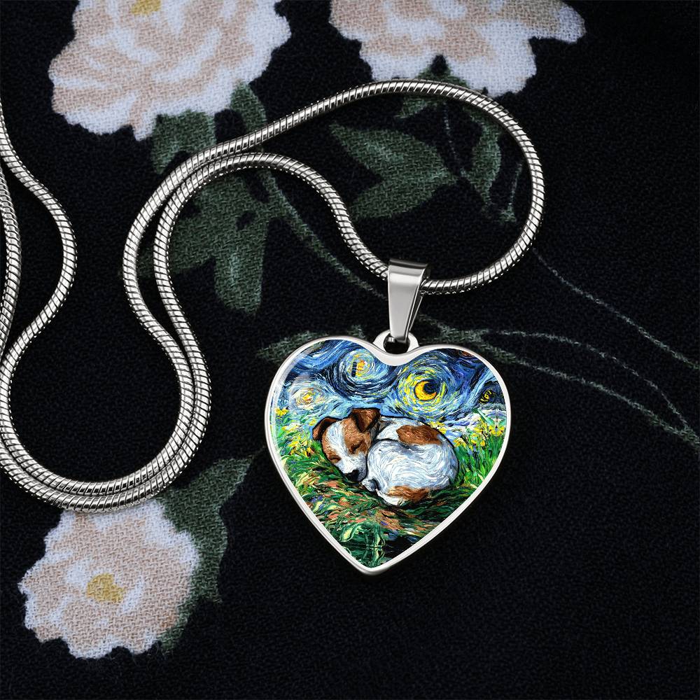 Sleeping Jack Russell Terrier Starry Night Heart Necklace