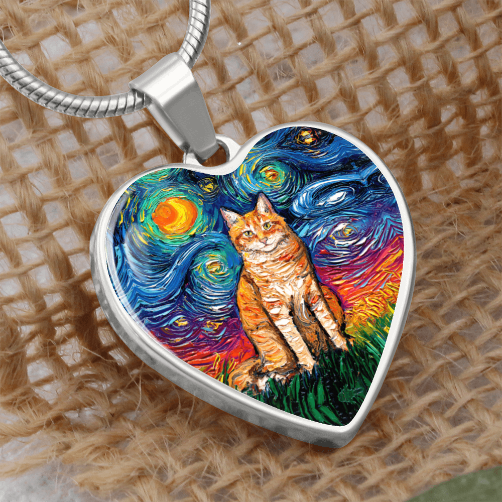 Seated Orange Tabby Cat Starry Night Heart Necklace