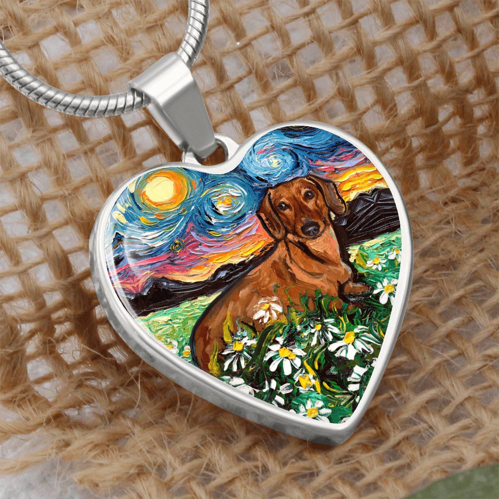 Brown Dachshund with Flowers Starry Night Heart Necklace